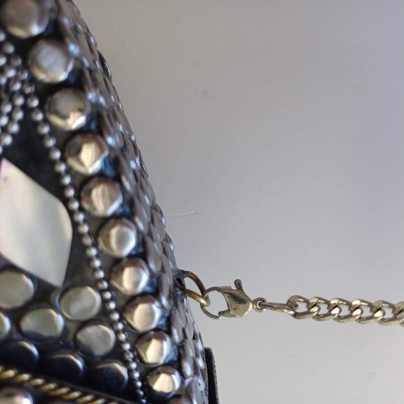 Antik Kraft Mother of Pearl Mosaic Crossbody Clutch Bag Silver Studded Boho - Picture 12 of 12